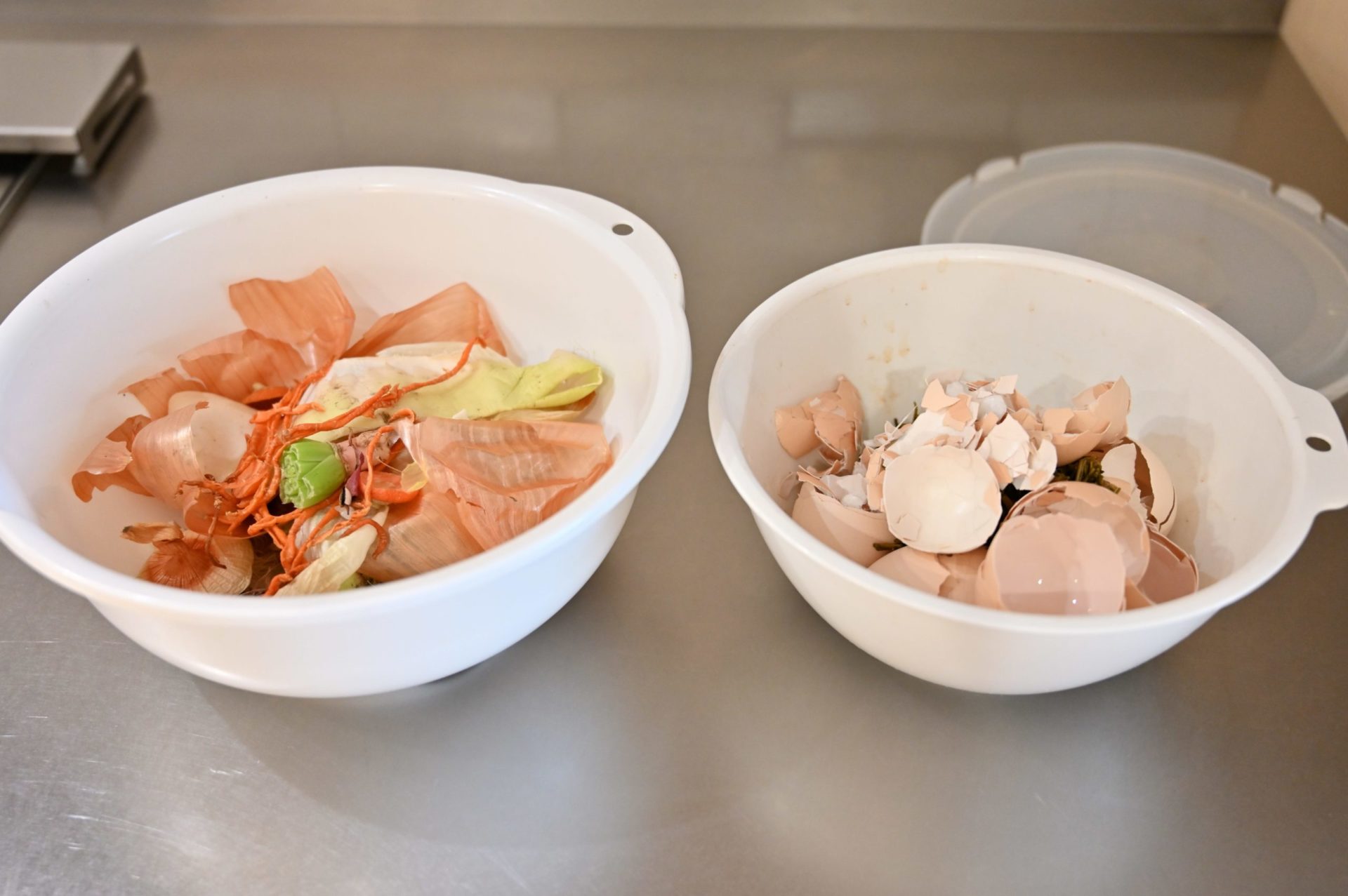 生ゴミを入れた2つの白いボウル