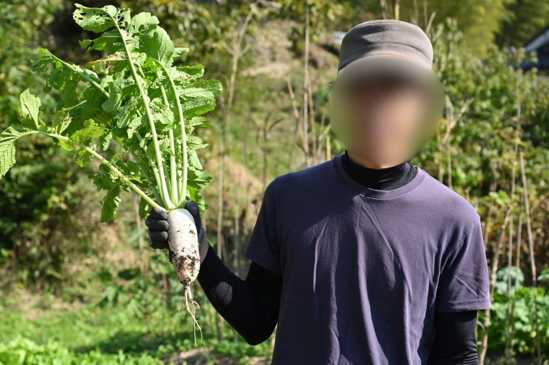 男性が小さい大根を片手に持っている